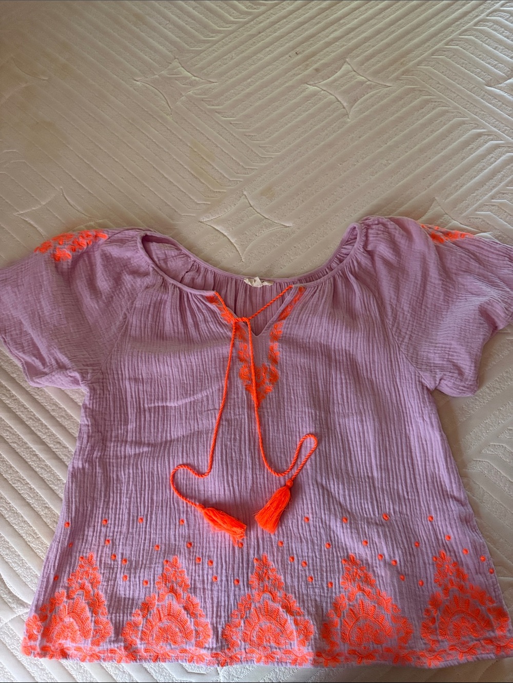 Lilac Boho Embroidered Tassel Peasant Top - Neon Orange Detail
